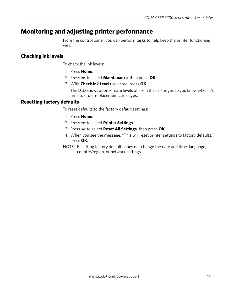 Monitoring and adjusting printer performance, Checking ink levels, Resetting factory defaults | Checking ink levels resetting factory defaults, Resetting factory | Kodak ESP 5200 User Manual | Page 54 / 73