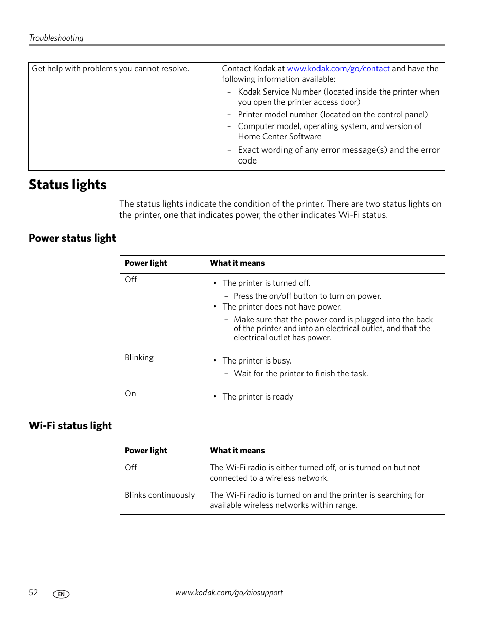 Status lights, Power status light, Wi-fi status light | Power status light wi-fi status light | Kodak ESP 5200 User Manual | Page 57 / 73