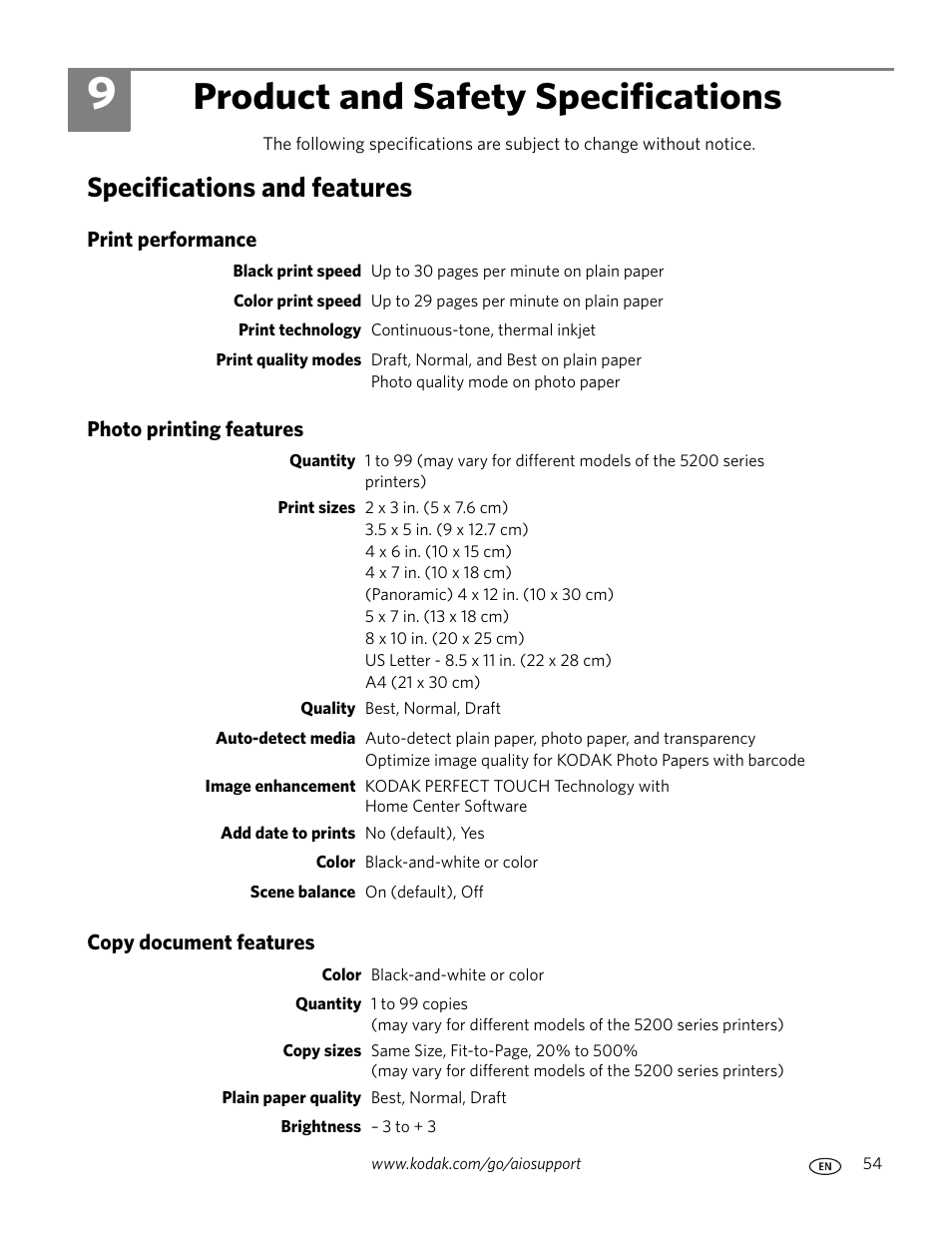 Product and safety specifications, Specifications and features, Print performance | Photo printing features, Copy document features, 9 product and safety specifications | Kodak ESP 5200 User Manual | Page 59 / 73