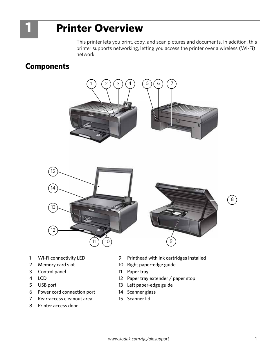 Printer overview, Components, 1 printer overview | Kodak ESP 5200 User Manual | Page 6 / 73