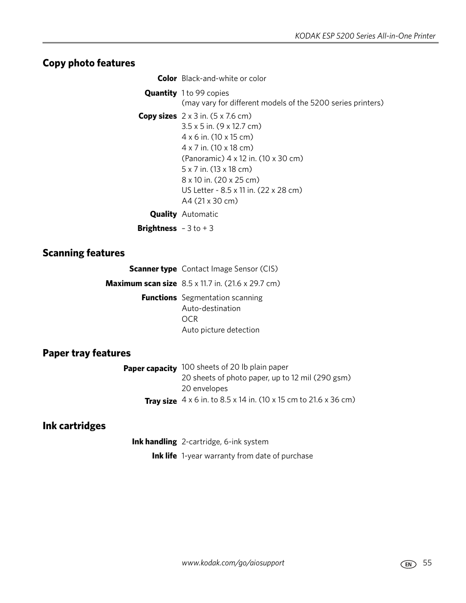 Copy photo features, Scanning features, Paper tray features | Ink cartridges | Kodak ESP 5200 User Manual | Page 60 / 73