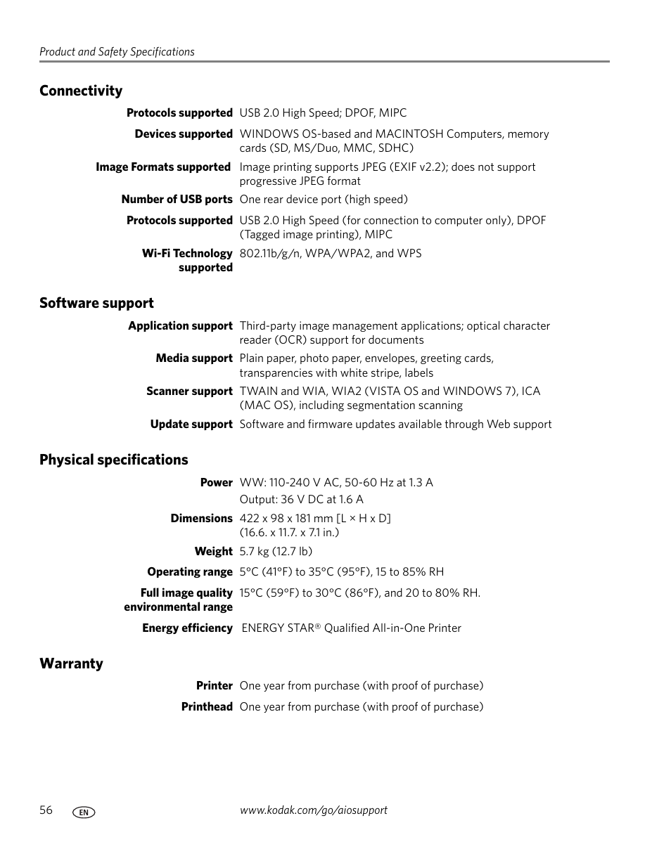 Connectivity, Software support, Physical specifications | Warranty | Kodak ESP 5200 User Manual | Page 61 / 73