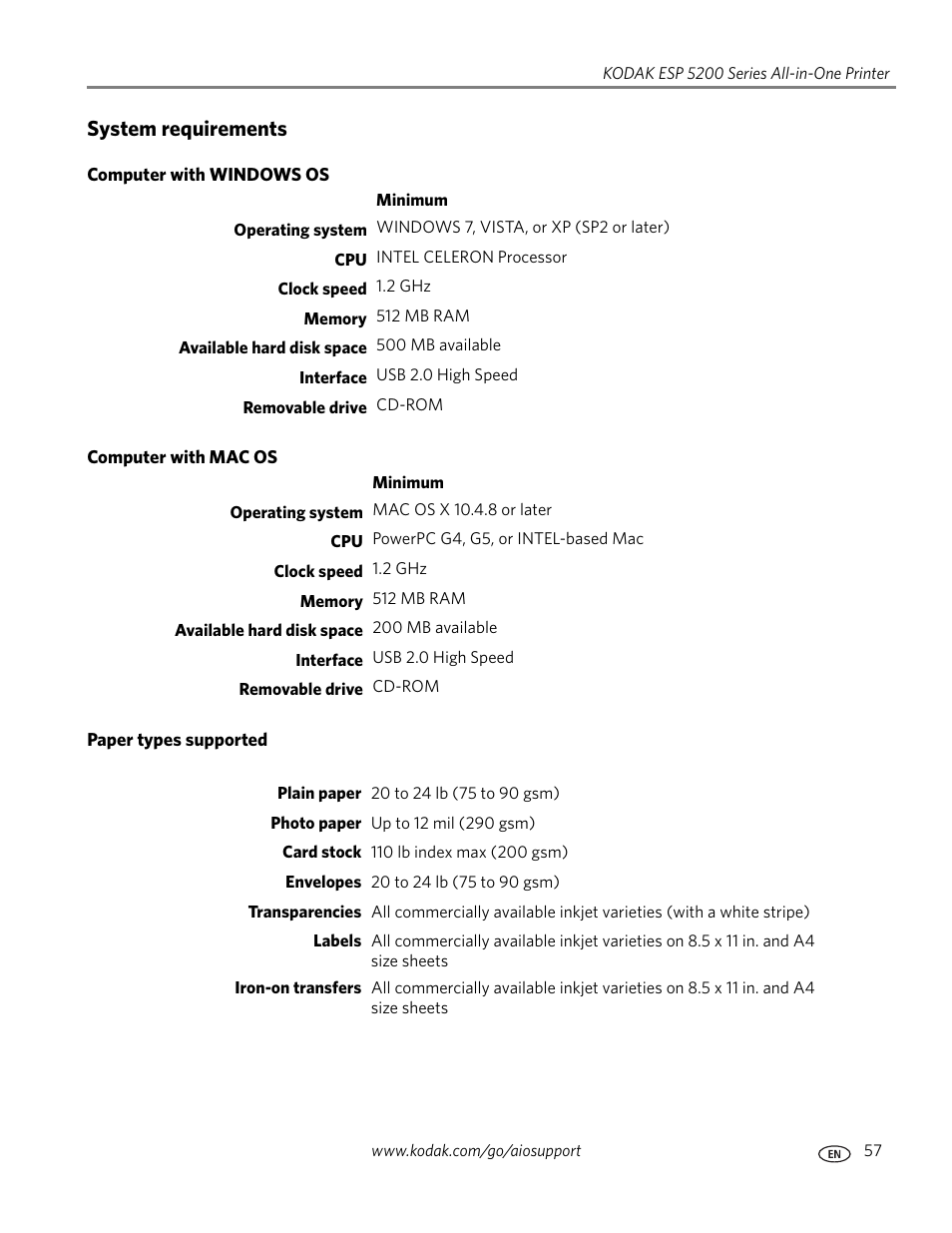 System requirements, Computer with windows os, Computer with mac os | Paper types supported | Kodak ESP 5200 User Manual | Page 62 / 73