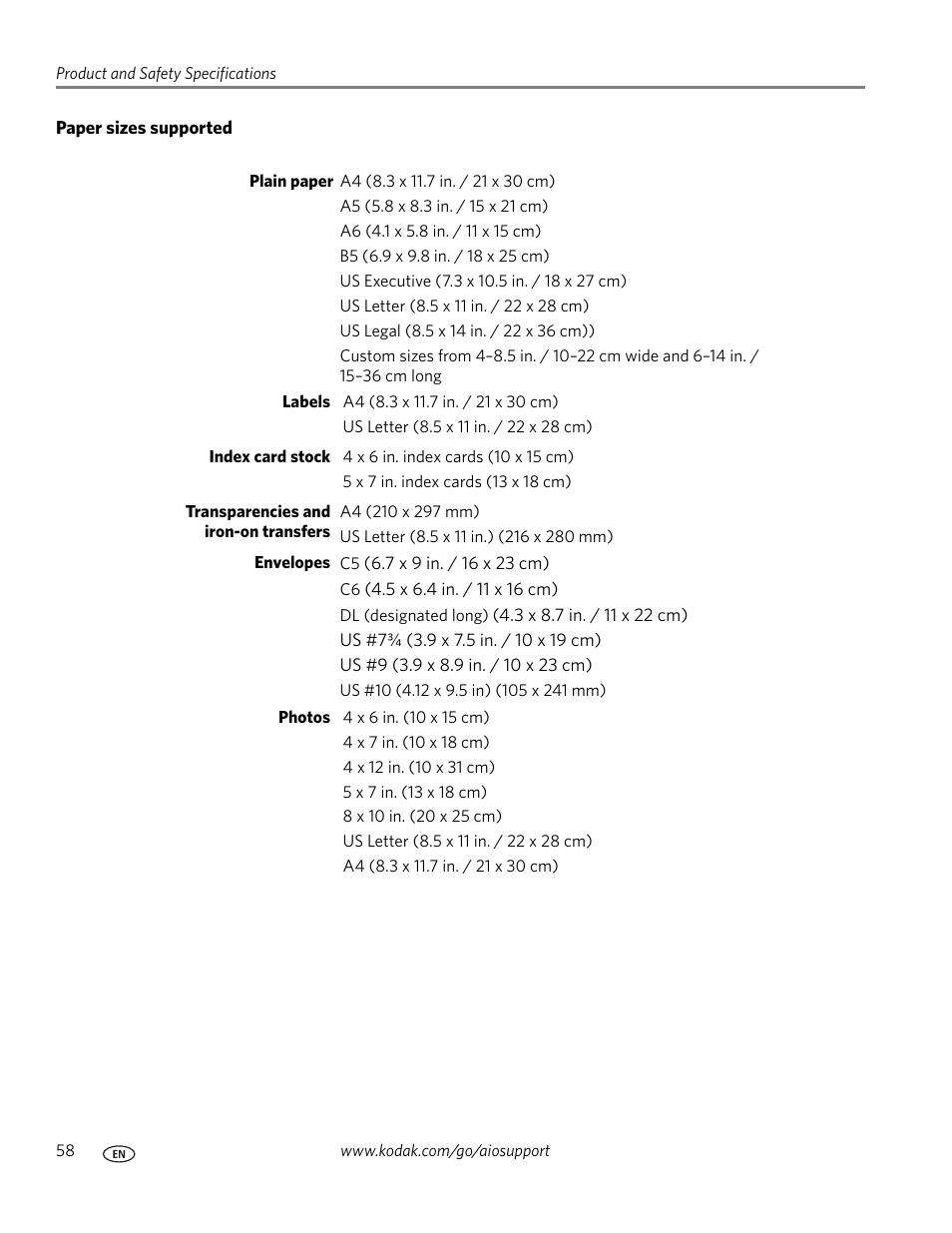 Paper sizes supported | Kodak ESP 5200 User Manual | Page 63 / 73