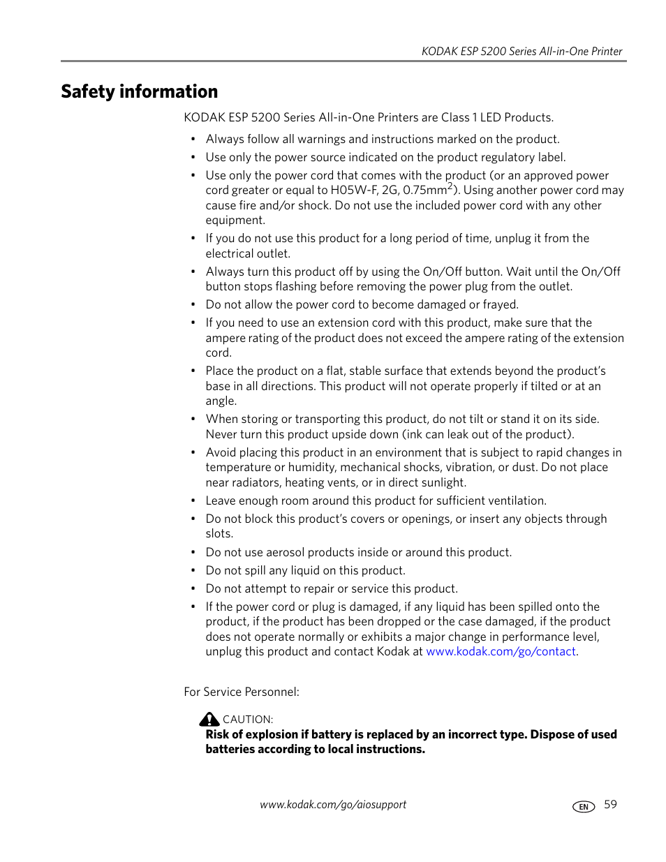 Safety information | Kodak ESP 5200 User Manual | Page 64 / 73