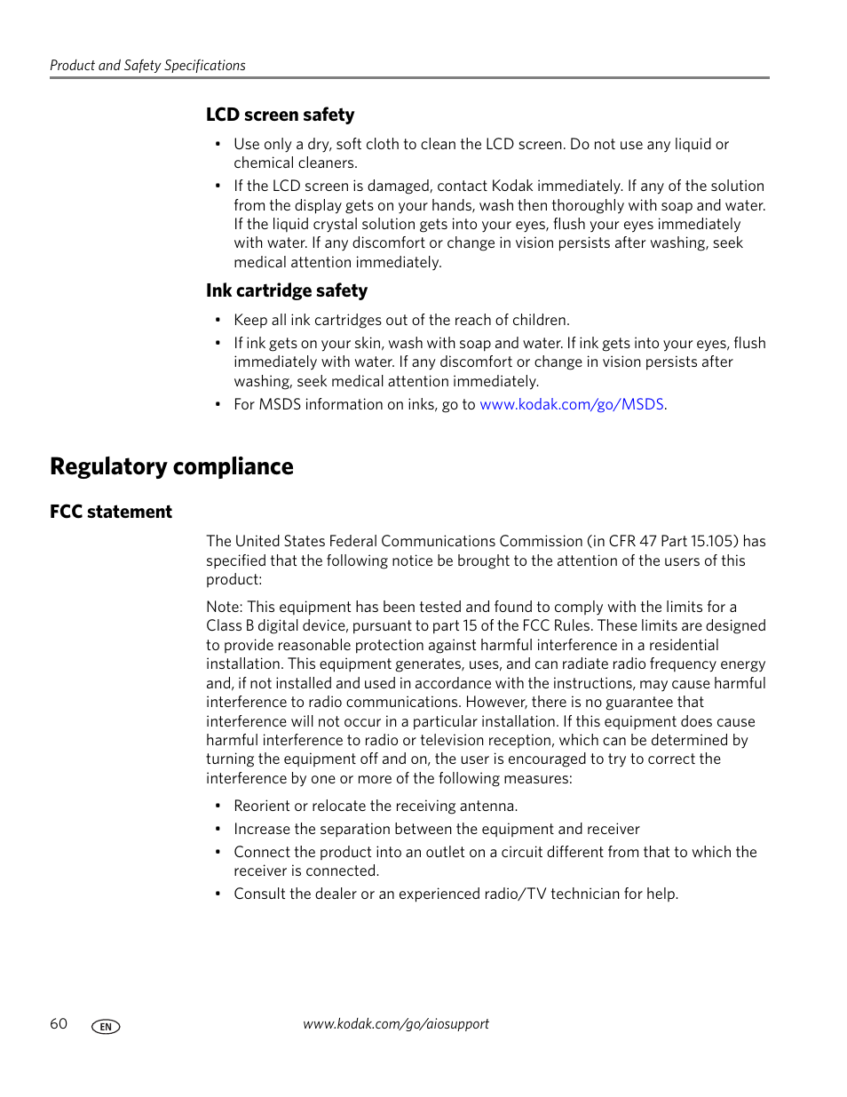 Regulatory compliance, Fcc statement | Kodak ESP 5200 User Manual | Page 65 / 73