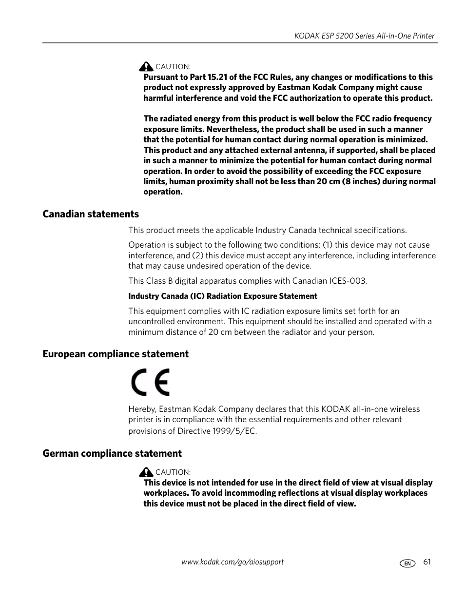 Canadian statements, European compliance statement, German compliance statement | Kodak ESP 5200 User Manual | Page 66 / 73