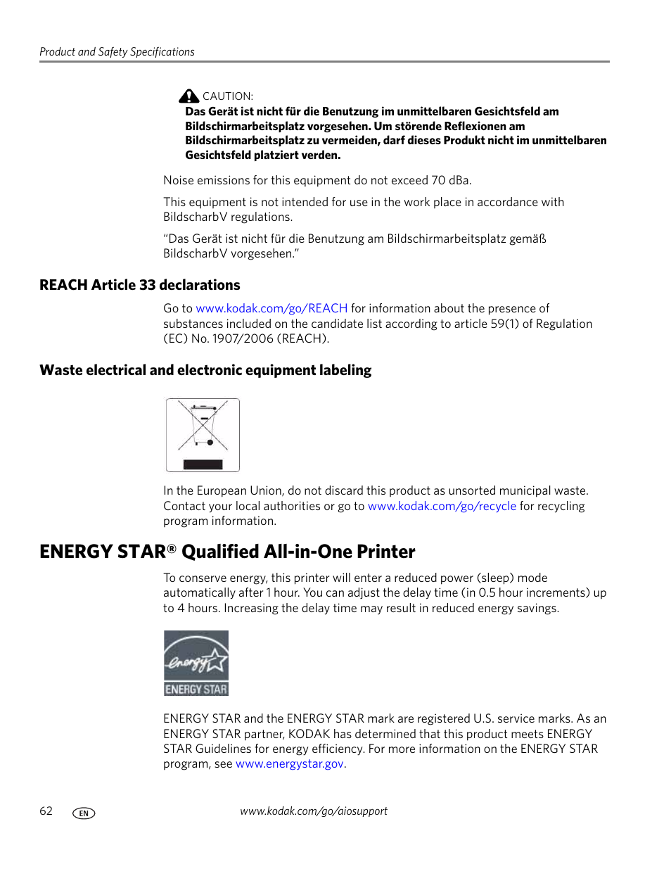 Reach article 33 declarations, Waste electrical and electronic equipment labeling, Energy star® qualified all-in-one printer | Kodak ESP 5200 User Manual | Page 67 / 73