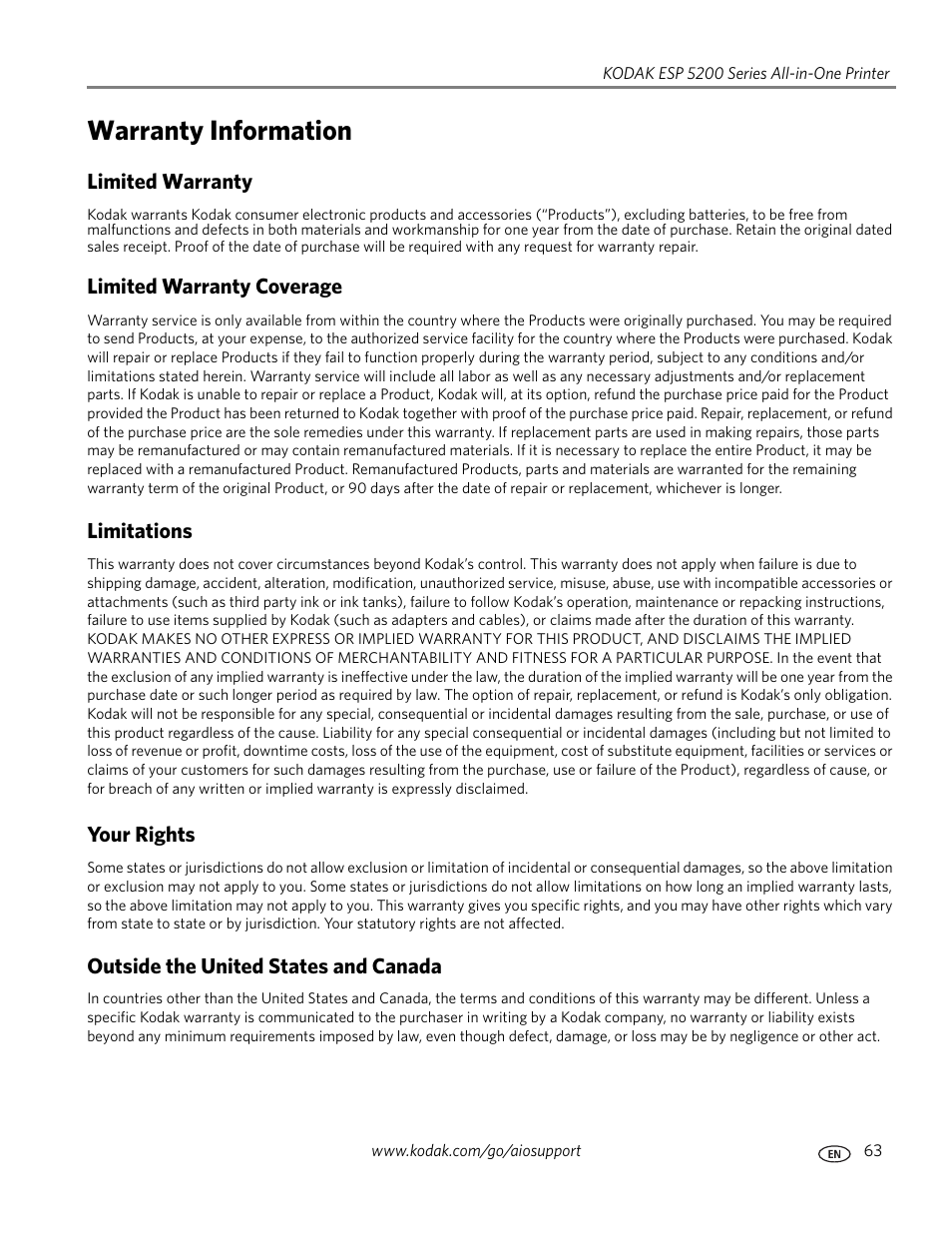 Warranty information | Kodak ESP 5200 User Manual | Page 68 / 73