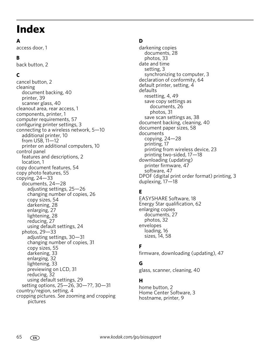 Index | Kodak ESP 5200 User Manual | Page 70 / 73