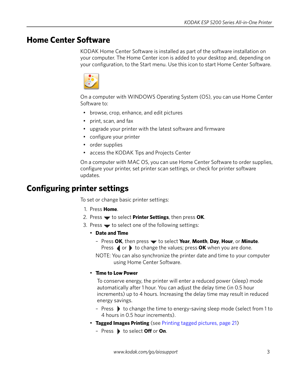 Home center software, Configuring printer settings, Home center software configuring printer settings | Kodak ESP 5200 User Manual | Page 8 / 73