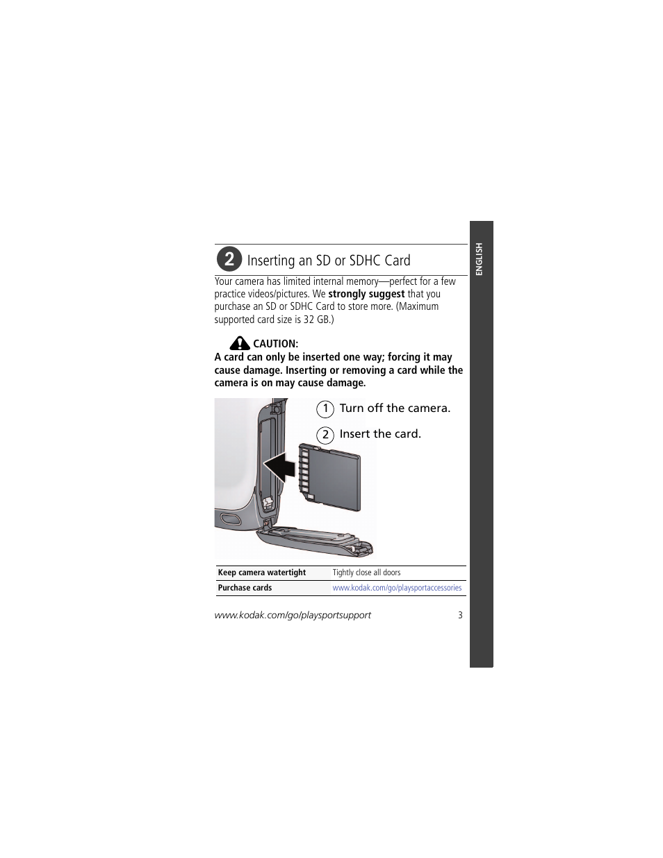 Inserting an sd or sdhc card | Kodak PLAYSPORT Zx3 User Manual | Page 3 / 23