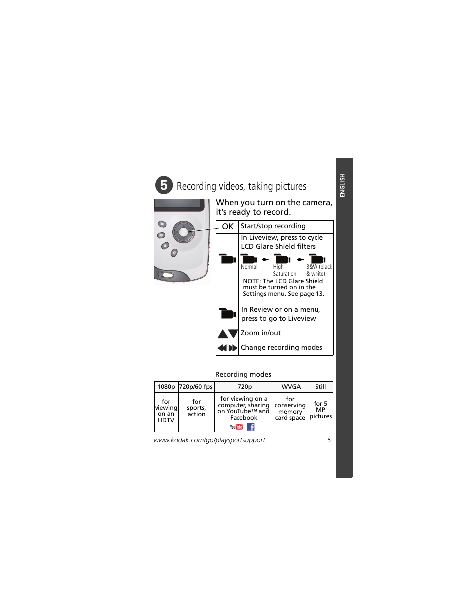 Recording videos, taking pictures | Kodak PLAYSPORT Zx3 User Manual | Page 5 / 23