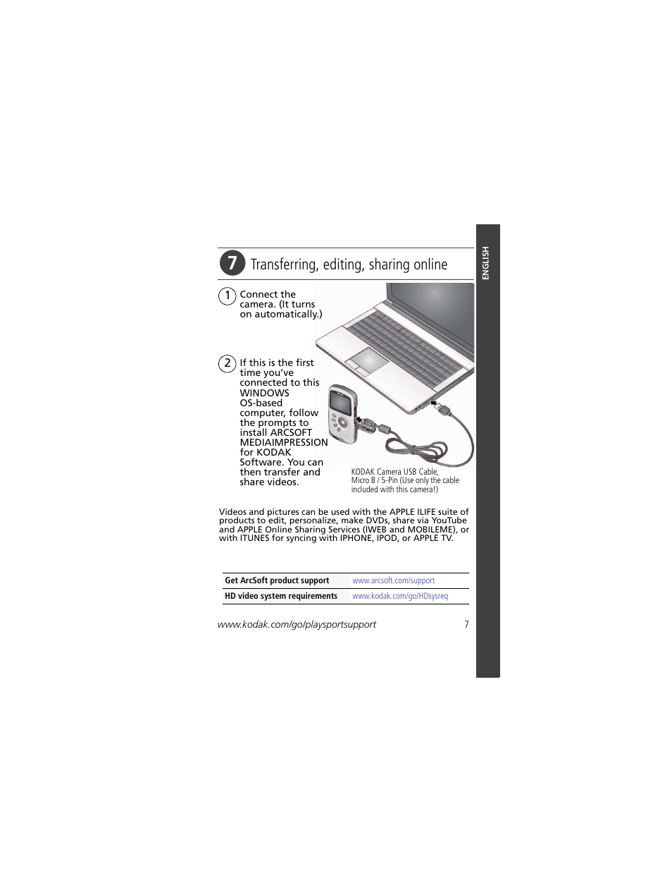 Transferring, editing, sharing online | Kodak PLAYSPORT Zx3 User Manual | Page 7 / 23