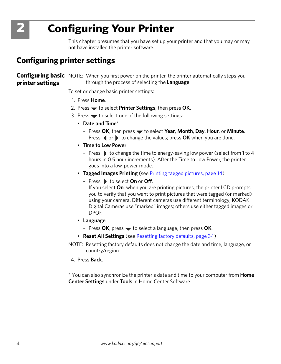 2 configuring your printer, Configuring printer settings, Configuring basic printer settings | Configuring your printer | Kodak ESP 3260 User Manual | Page 10 / 56