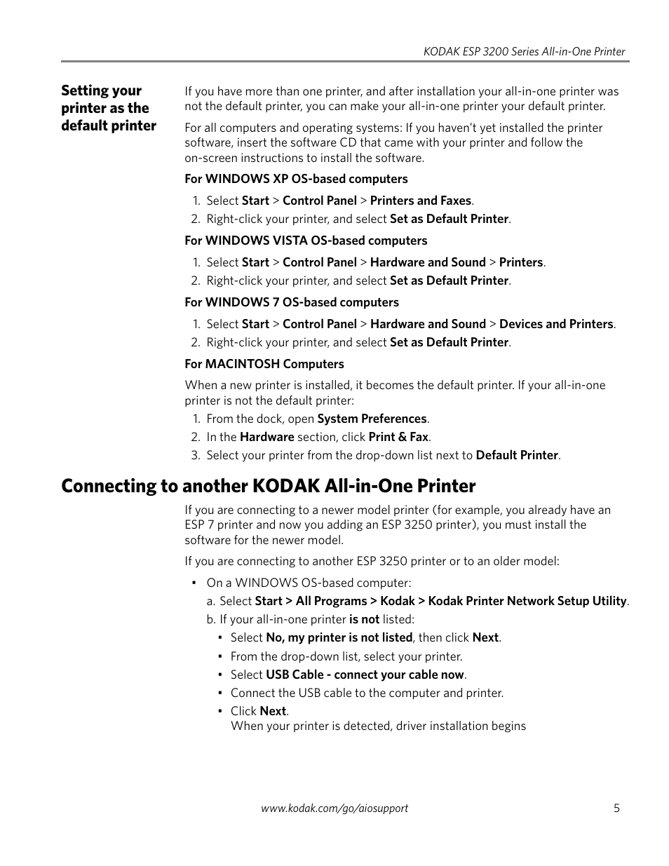 Setting your printer as the default printer, Connecting to another kodak all-in-one printer | Kodak ESP 3260 User Manual | Page 11 / 56