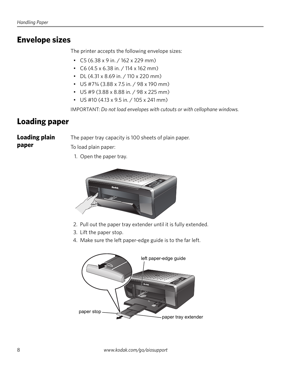 Envelope sizes, Loading paper, Loading plain paper | Envelope sizes loading paper | Kodak ESP 3260 User Manual | Page 14 / 56