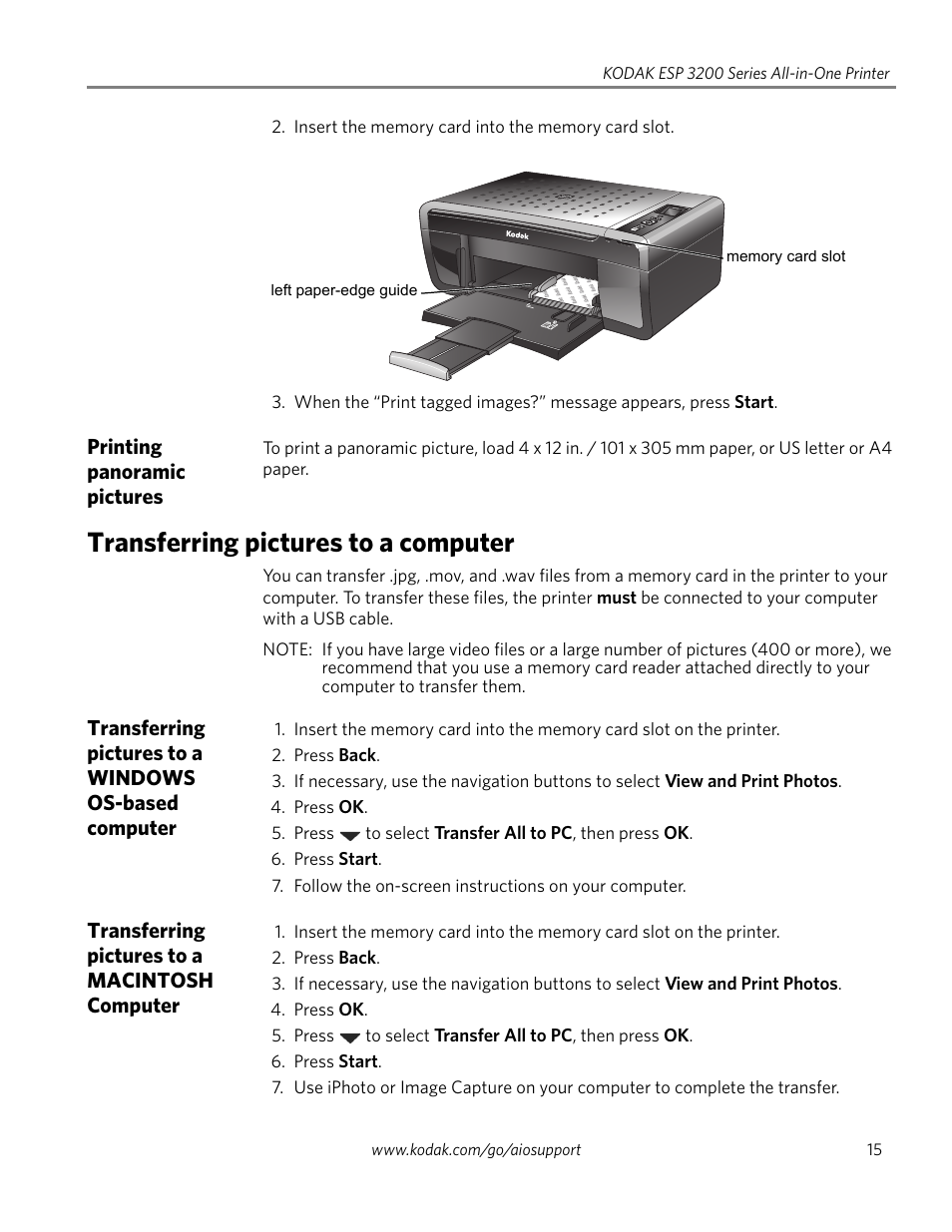 Printing panoramic pictures, Transferring pictures to a computer, Transferring pictures to a macintosh computer | Kodak ESP 3260 User Manual | Page 21 / 56
