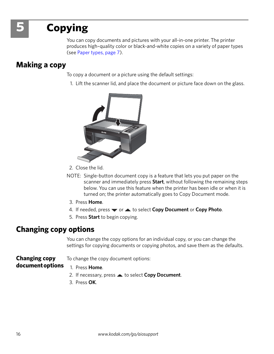 5 copying, Making a copy, Changing copy options | Changing copy document options, Making a copy changing copy options, Copying | Kodak ESP 3260 User Manual | Page 22 / 56