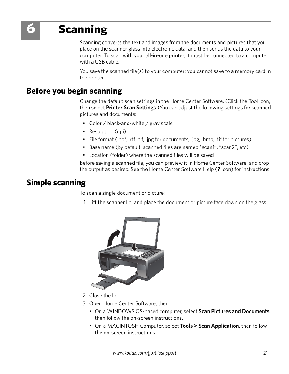 6 scanning, Before you begin scanning, Simple scanning | Before you begin scanning simple scanning, Scanning | Kodak ESP 3260 User Manual | Page 27 / 56