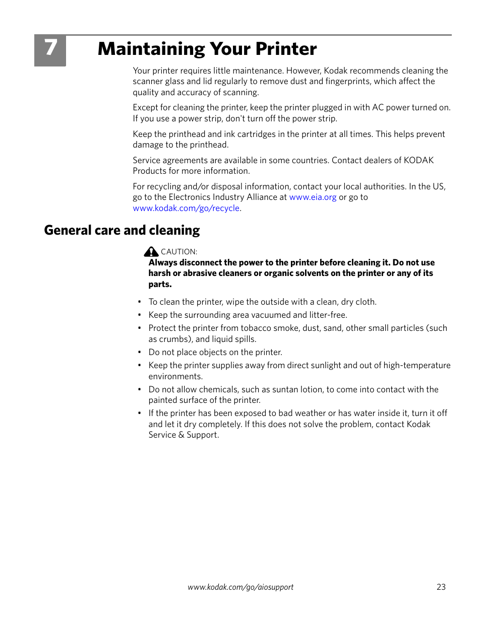 7 maintaining your printer, General care and cleaning, Maintaining your printer | Kodak ESP 3260 User Manual | Page 29 / 56
