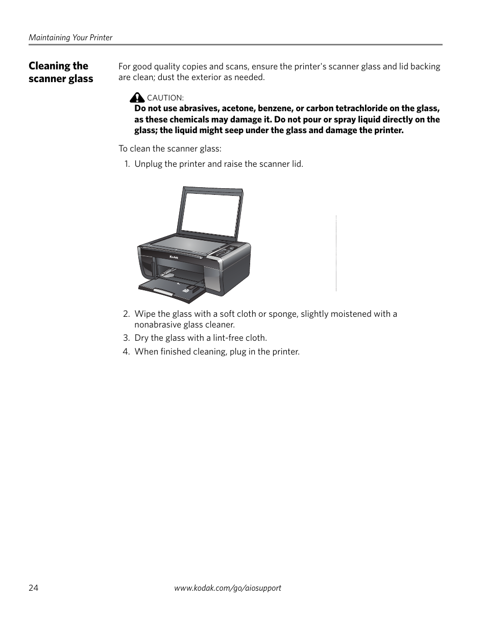 Cleaning the scanner glass | Kodak ESP 3260 User Manual | Page 30 / 56