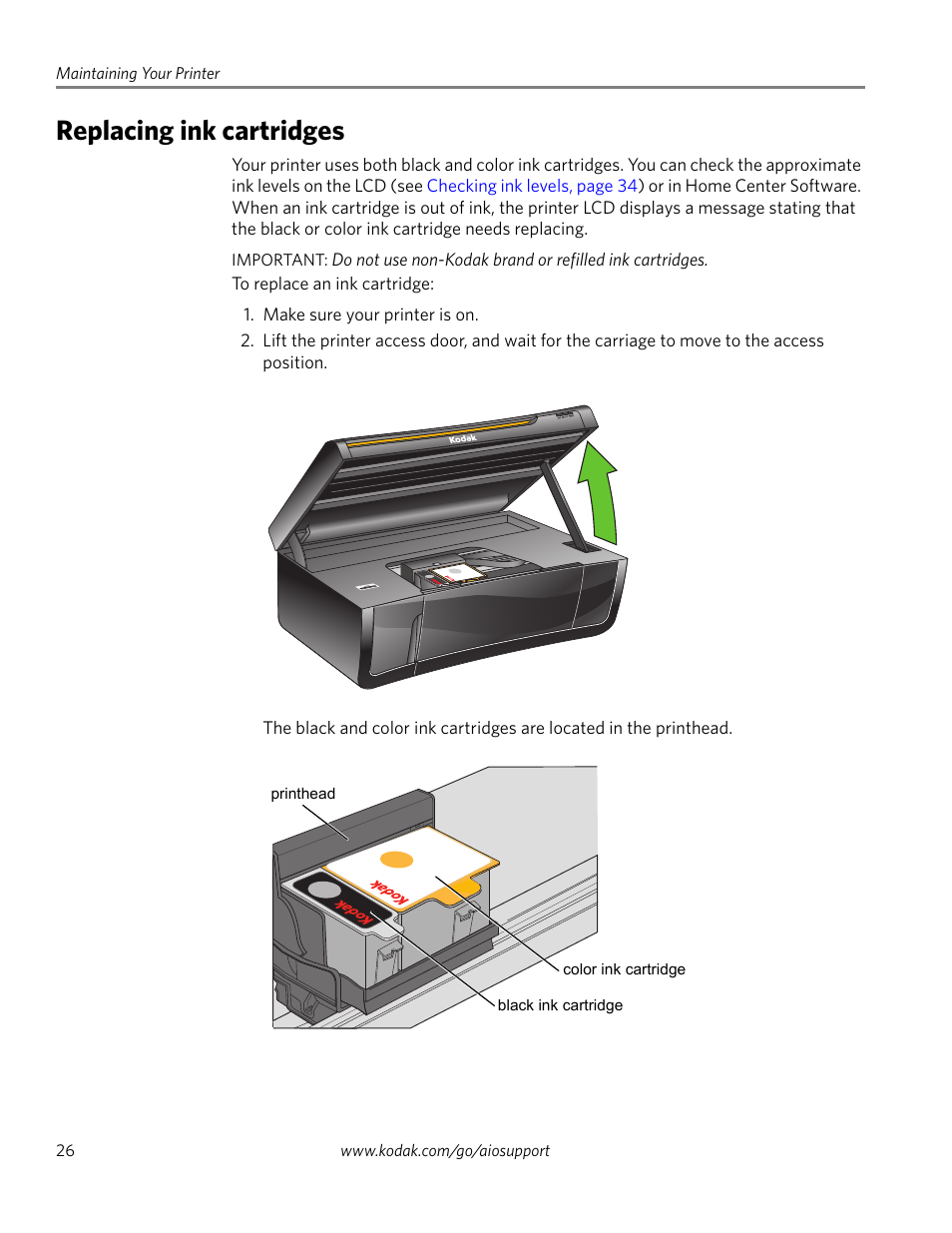 Replacing ink cartridges | Kodak ESP 3260 User Manual | Page 32 / 56