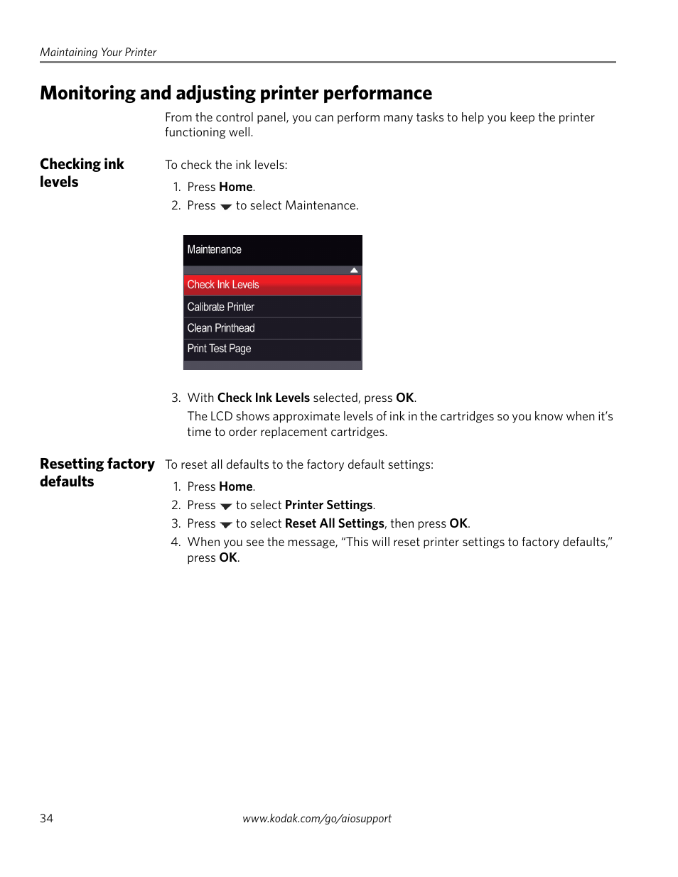 Monitoring and adjusting printer performance, Checking ink levels, Resetting factory defaults | Checking ink levels resetting factory defaults | Kodak ESP 3260 User Manual | Page 40 / 56