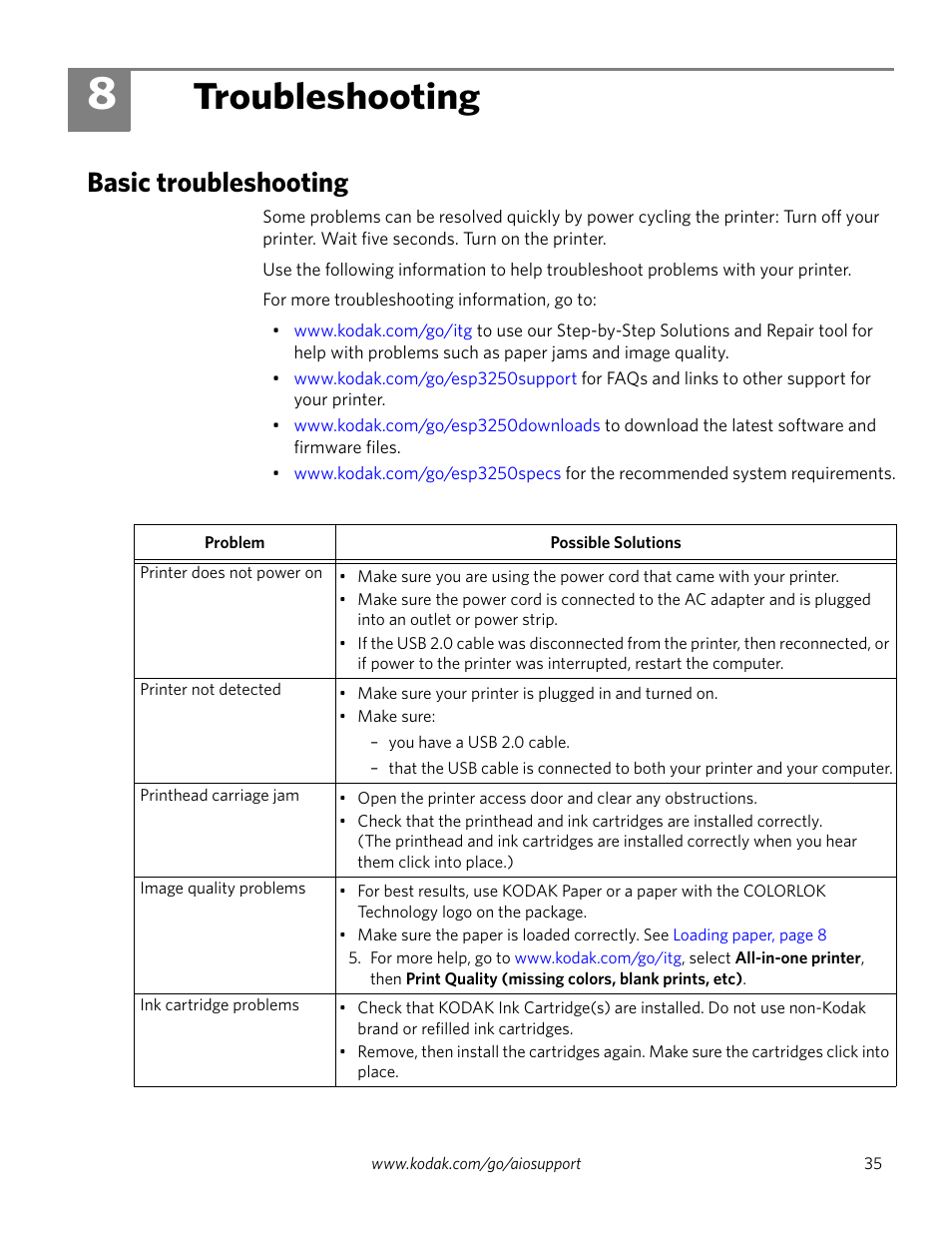 8 troubleshooting, Basic troubleshooting, Troubleshooting | Kodak ESP 3260 User Manual | Page 41 / 56
