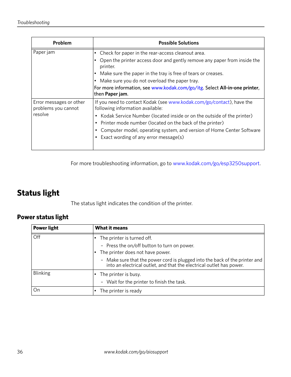 Status light, Power status light | Kodak ESP 3260 User Manual | Page 42 / 56