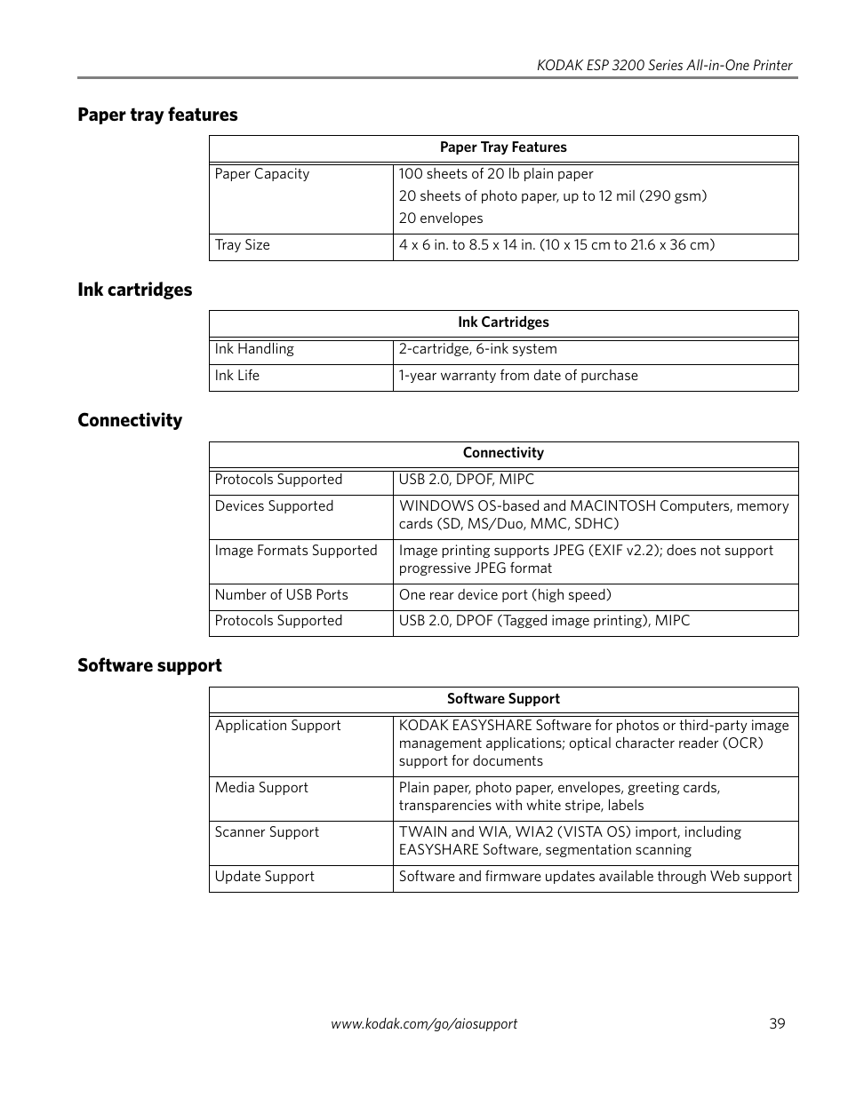 Paper tray features, Ink cartridges, Connectivity | Software support | Kodak ESP 3260 User Manual | Page 45 / 56