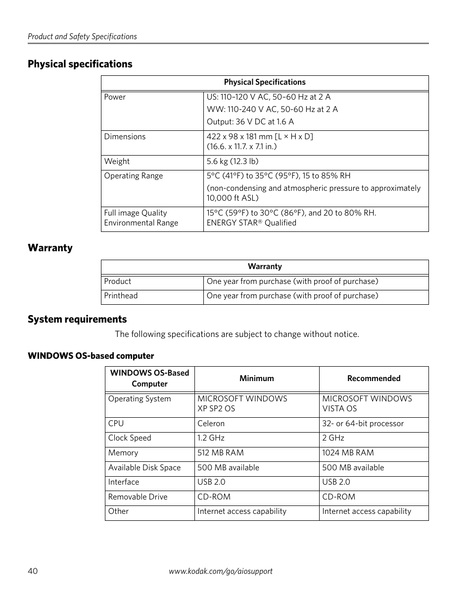 Physical specifications, Warranty, System requirements | Windows os-based computer | Kodak ESP 3260 User Manual | Page 46 / 56