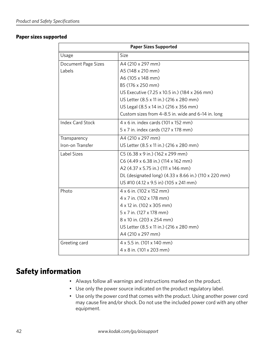 Paper sizes supported, Safety information | Kodak ESP 3260 User Manual | Page 48 / 56
