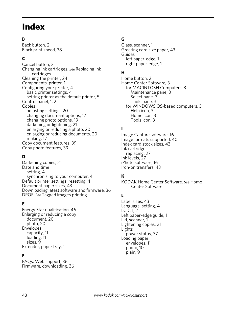 Index | Kodak ESP 3260 User Manual | Page 54 / 56