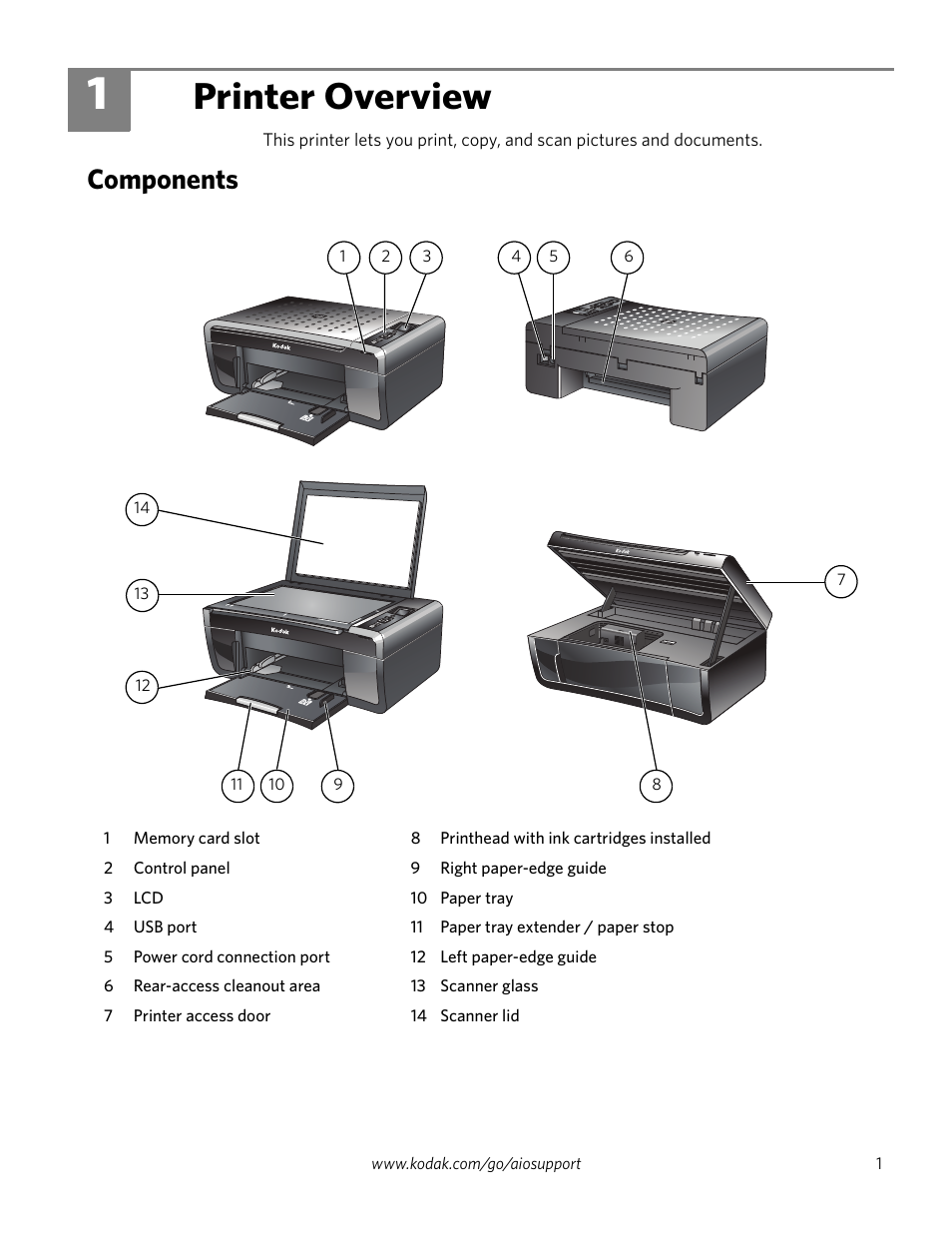 1 printer overview, Components, Printer overview | Kodak ESP 3260 User Manual | Page 7 / 56