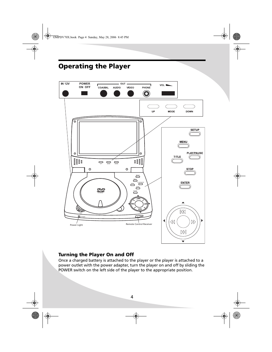 Operating the player, Turning the player on and off | Kodak PDV-70X User Manual | Page 10 / 48