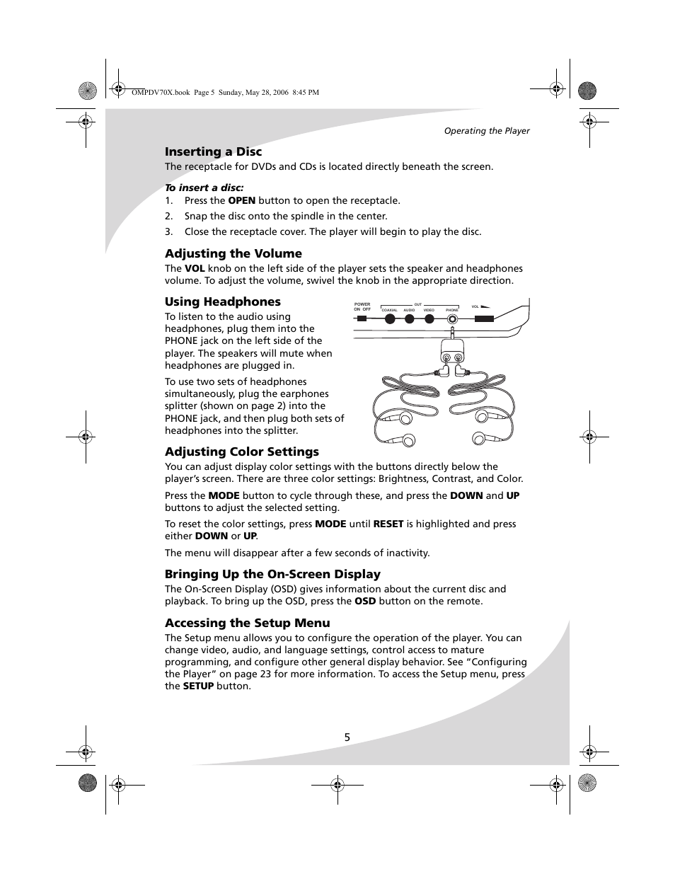 Inserting a disc, Adjusting the volume, Using headphones | Adjusting color settings, Bringing up the on-screen display, Accessing the setup menu | Kodak PDV-70X User Manual | Page 11 / 48