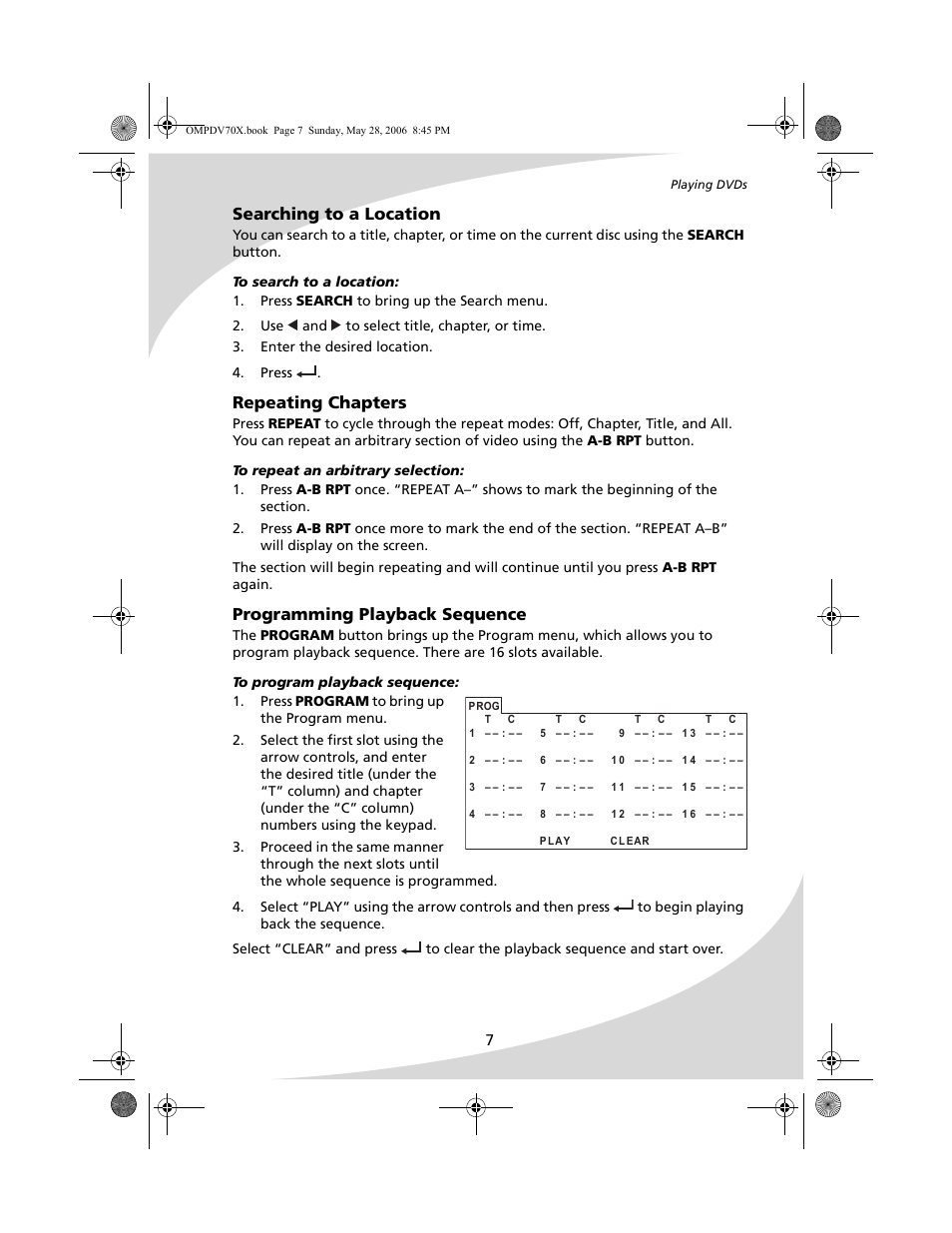 Searching to a location, Repeating chapters, Programming playback sequence | Kodak PDV-70X User Manual | Page 13 / 48