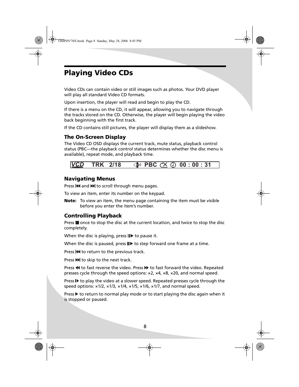 Playing video cds | Kodak PDV-70X User Manual | Page 14 / 48