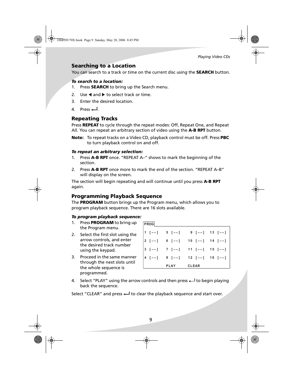 Searching to a location, Repeating tracks, Programming playback sequence | Kodak PDV-70X User Manual | Page 15 / 48