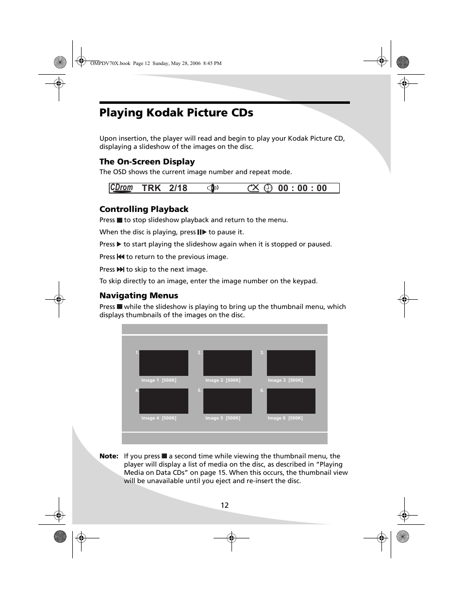 Playing kodak picture cds, The on-screen display, Controlling playback | Navigating menus | Kodak PDV-70X User Manual | Page 18 / 48