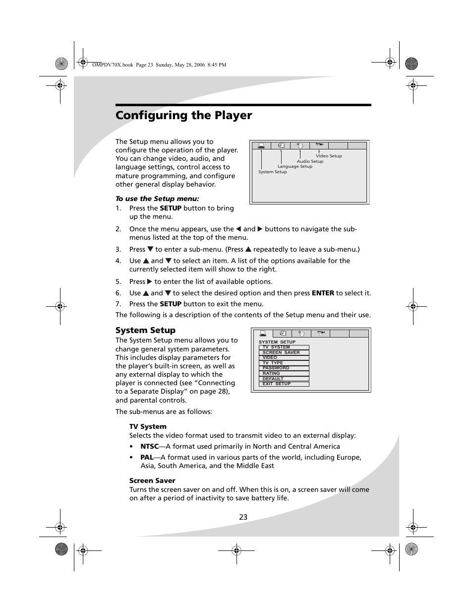 Configuring the player, System setup | Kodak PDV-70X User Manual | Page 29 / 48