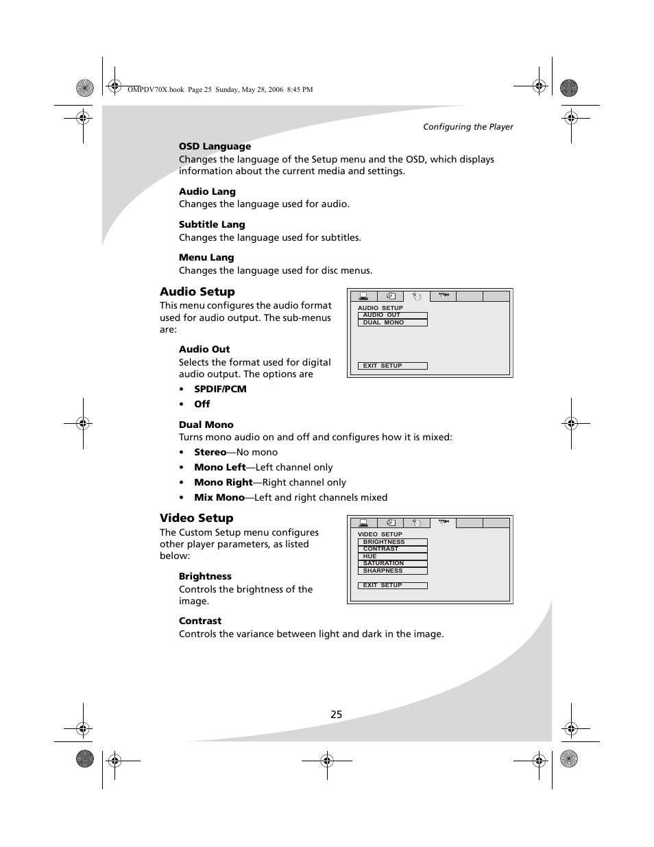 Audio setup, Video setup | Kodak PDV-70X User Manual | Page 31 / 48