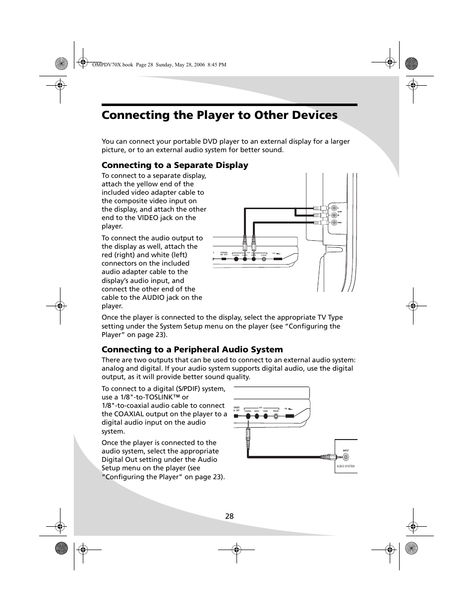 Connecting the player to other devices, Connecting to a separate display, Connecting to a peripheral audio system | Kodak PDV-70X User Manual | Page 34 / 48