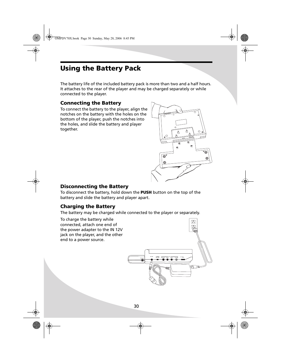 Using the battery pack, Connecting the battery, Disconnecting the battery | Charging the battery | Kodak PDV-70X User Manual | Page 36 / 48