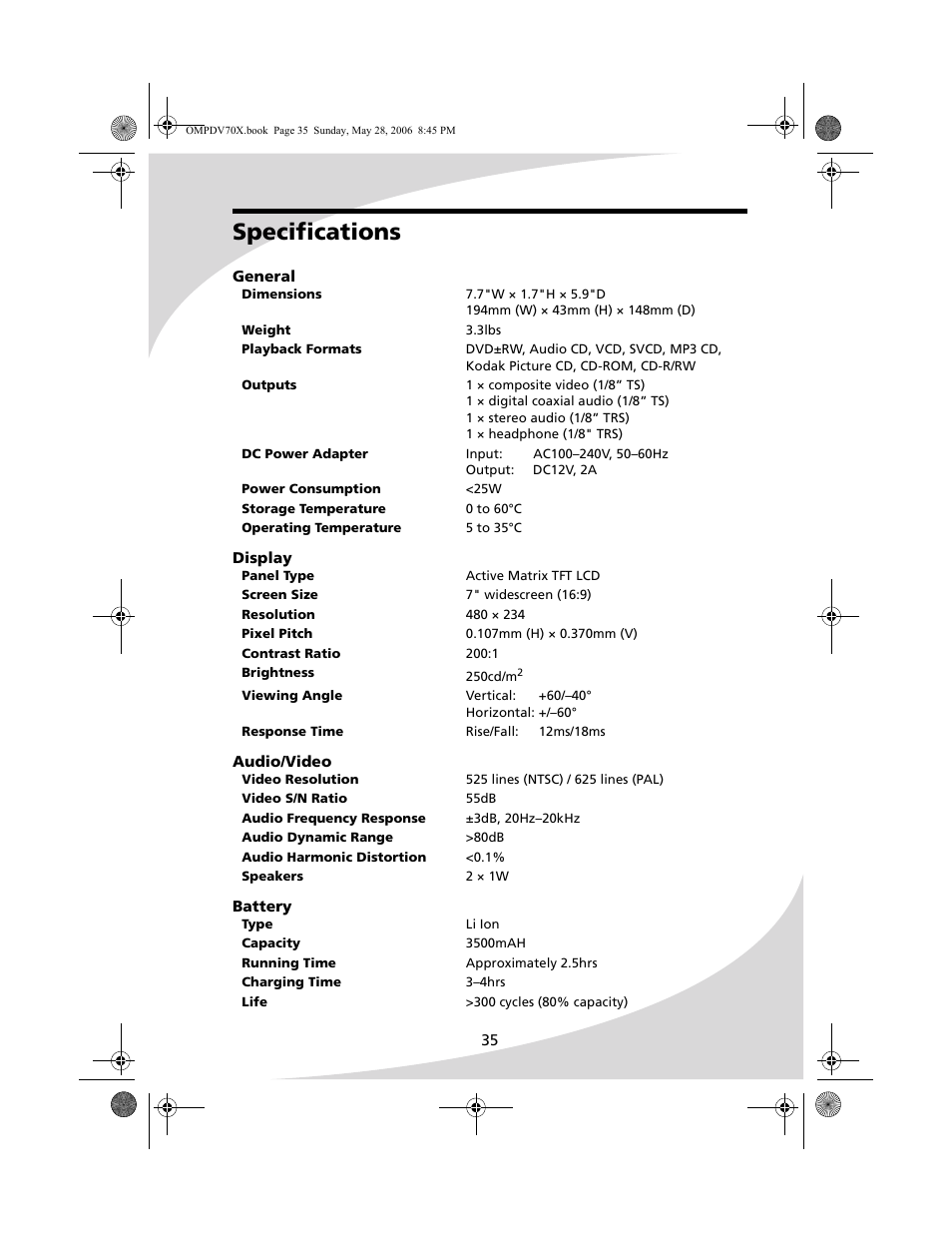 Specifications | Kodak PDV-70X User Manual | Page 41 / 48