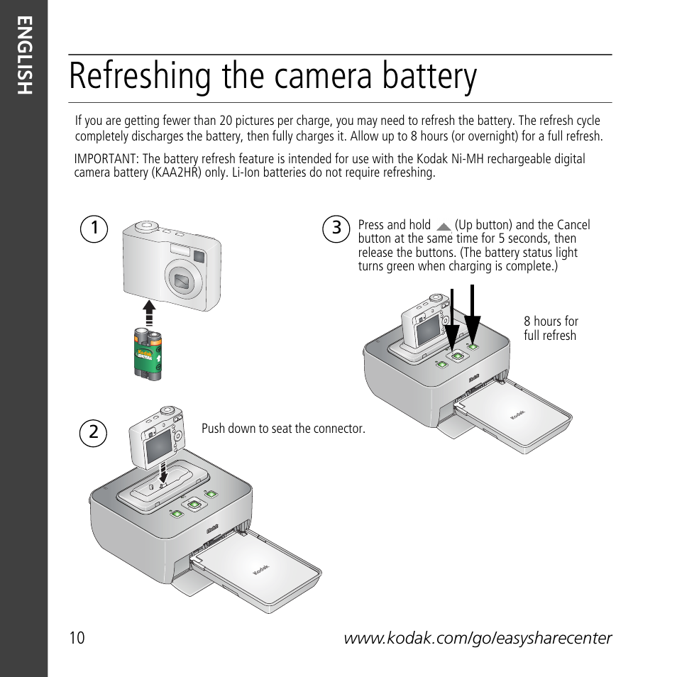 Refreshing the camera battery, English | Kodak G610 User Manual | Page 10 / 20