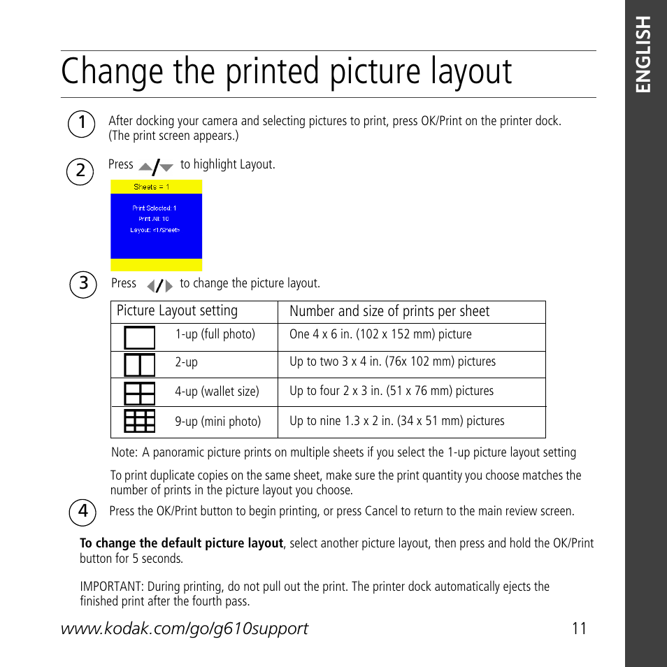 Change the printed picture layout, English | Kodak G610 User Manual | Page 11 / 20