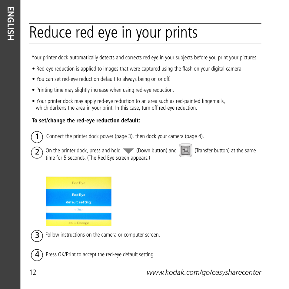 Reduce red eye in your prints, English | Kodak G610 User Manual | Page 12 / 20