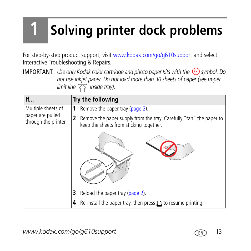 Solving printer dock problems | Kodak G610 User Manual | Page 13 / 20